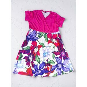 XPlusWear Colorblock Floral A-Line Dress - Plus Size 5XL - Hot Pink V-Neck